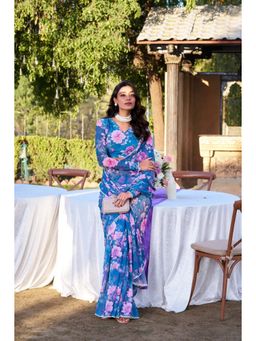 GLOBON IMPEX - Blue Floral Georgette Ready To Wear Pearl Border Saree with Unstitched Blouse