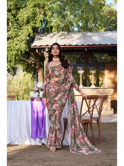 GLOBON IMPEX - Mehendi Green Floral Georgette Ready To Wear Saree with Unstitched Blouse