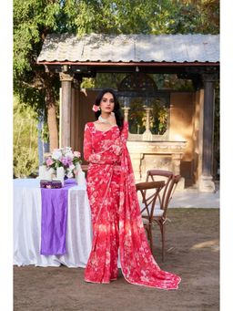 GLOBON IMPEX - Red Floral Georgette Ready To Wear Saree with Unstitched Blouse