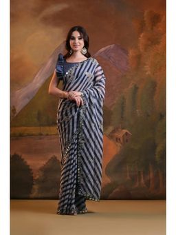 GLOBON IMPEX - Grey Striped With Mirror and Sequin Embellishments Saree with Unstitched Blouse