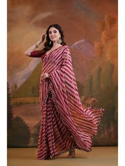 GLOBON IMPEX - Maroon Striped With Mirror And Sequin Saree with Unstitched Blouse