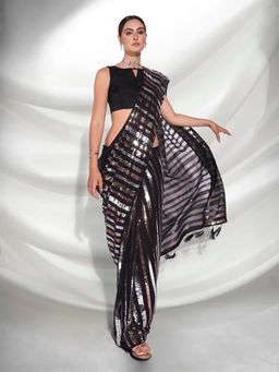GLOBON IMPEX - Black Sequin Striped Party Wear Glamorous Evening Look Saree with Unstitched Blouse