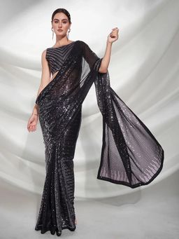 GLOBON IMPEX - Black Embellished Saree with Unstitched Blouse