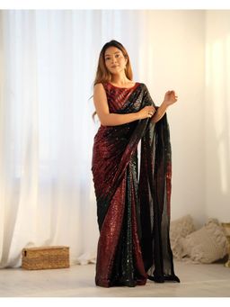 GLOBON IMPEX - Red Ombre Sequin Saree with Unstitched Blouse