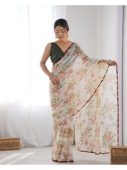 GLOBON IMPEX - Ivory Floral Organza With Pom-Pom Border Saree with Unstitched Blouse