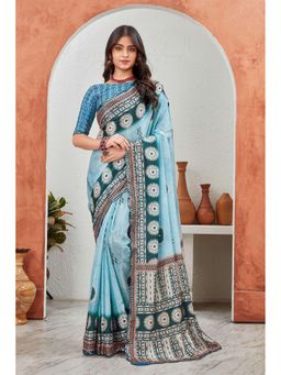 GLOBON IMPEX - Blue Printed Saree with Unstitched Blouse