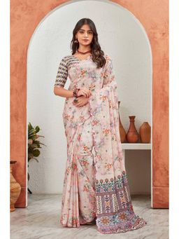 GLOBON IMPEX - Light Pink Graceful Floral Printed Saree with Unstitched Blouse