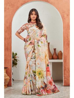 GLOBON IMPEX - Multicolour Floral Print With Embroidered Border Saree with Unstitched Blouse
