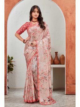 GLOBON IMPEX - Pink Blush Floral Satin With Pearl Border Saree with Unstitched Blouse