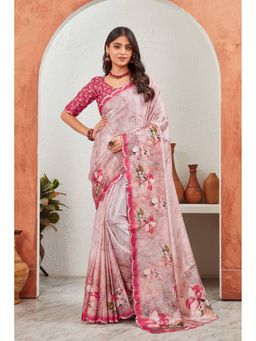 GLOBON IMPEX - Pink Satin With Floral Border Saree with Unstitched Blouse