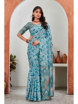 GLOBON IMPEX - Blue Printed Saree with Unstitched Blouse