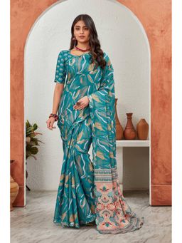 GLOBON IMPEX - Teal Elegant Printed With Designer Pallu Saree with Unstitched Blouse
