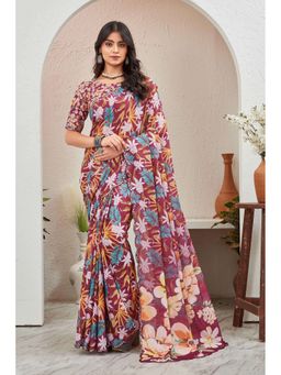 GLOBON IMPEX - Maroon Printed Saree with Unstitched Blouse