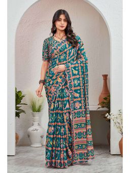 GLOBON IMPEX - Teal Printed Saree with Unstitched Blouse