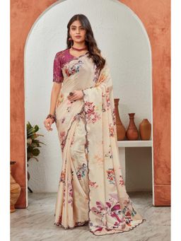 GLOBON IMPEX - Beige Elegant Floral Printed Saree with Unstitched Blouse