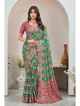 GLOBON IMPEX - Green Printed Saree with Unstitched Blouse