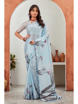 GLOBON IMPEX - Blue Elegant Sky Floral Printed With Polka Dot Saree with Unstitched Blouse