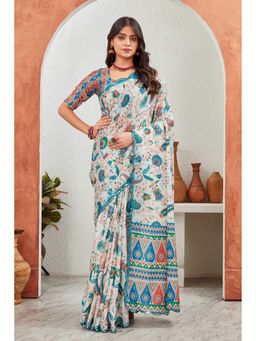 GLOBON IMPEX - Cream Printed With Ethnic Motif And Tribal Border Saree with Unstitched Blouse