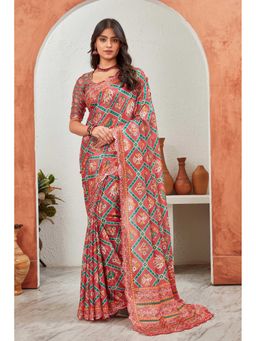 GLOBON IMPEX - Red Printed Saree with Unstitched Blouse