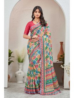 GLOBON IMPEX - Multicolor Block Print With Vibrant Border Saree with Unstitched Blouse