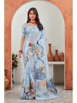 GLOBON IMPEX - Blue Printed Georgette Clock And Floral Saree with Unstitched Blouse