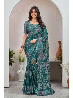 GLOBON IMPEX - Green Printed Saree with Unstitched Blouse
