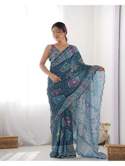 GLOBON IMPEX - Navy Blue Bandhani Silk Mirror Work Border Saree with Unstitched Blouse