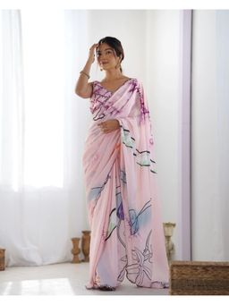 GLOBON IMPEX - Pink Printed Saree with Unstitched Blouse