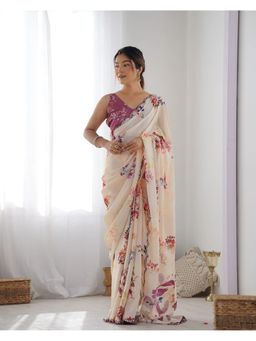 GLOBON IMPEX - Beige Floral Silk Scalloped Mirror Lace Border Saree with Unstitched Blouse