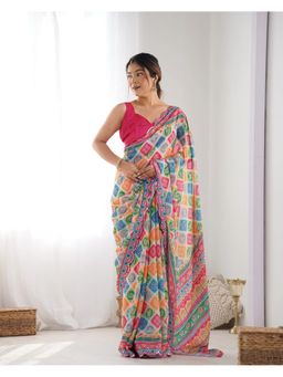GLOBON IMPEX - Multicolour Printed Saree with Unstitched Blouse