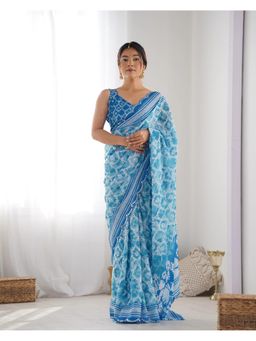 GLOBON IMPEX - Blue Printed Saree with Unstitched Blouse