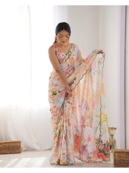 GLOBON IMPEX - Multicolor Floral Silk With Mirror Lace Border Saree with Unstitched Blouse