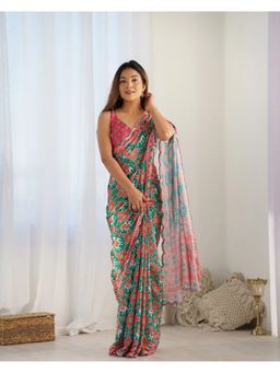 GLOBON IMPEX - Green Ethnic Print and Pink Soft Silk Saree with Unstitched Blouse