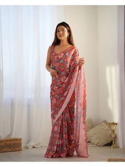 GLOBON IMPEX - Red Printed Saree with Unstitched Blouse