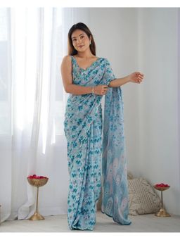 GLOBON IMPEX - Blue Printed Saree with Unstitched Blouse
