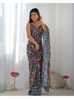 GLOBON IMPEX - Navy Blue Printed Silk With Embellished Border Saree with Unstitched Blouse