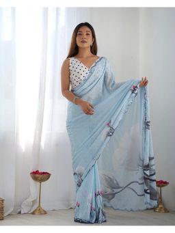 GLOBON IMPEX - Blue Printed Saree with Unstitched Blouse