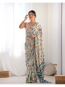 GLOBON IMPEX - Multicolor Geometric Print Silk Mirror Lace Border Saree with Unstitched Blouse