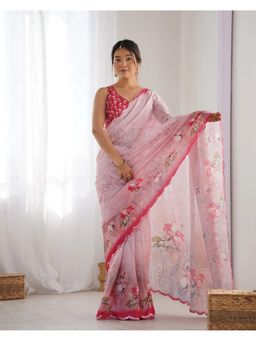 GLOBON IMPEX - Pink Floral Printed Silk Scalloped Mirror Border Saree with Unstitched Blouse
