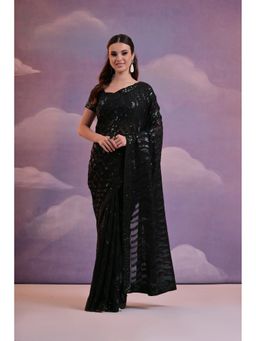 GLOBON IMPEX - Black Elegant Sequin Georgette - Glamorous Party Wear Saree with Unstitched Blouse