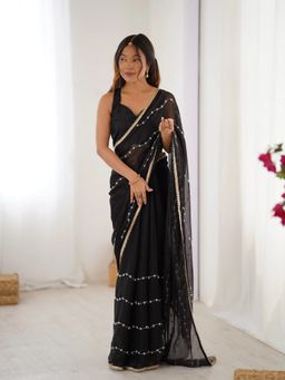 GLOBON IMPEX - Black Elegant Embellished Georgette With Golden Trim Saree with Unstitched Blouse