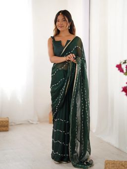 GLOBON IMPEX - Green Elegant Embellished Georgette With Golden Trim Saree with Unstitched Blouse