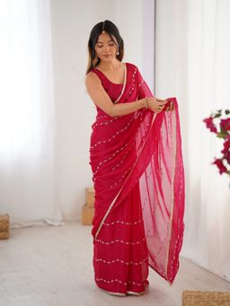GLOBON IMPEX - Pink Elegant Embellished Georgette With Golden Trim Saree with Unstitched Blouse