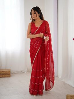 GLOBON IMPEX - Red Elegant Embellished Georgette With Golden Trim Saree with Unstitched Blouse