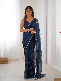 GLOBON IMPEX - Teal Elegant Embellished Georgette With Golden Trim Saree with Unstitched Blouse