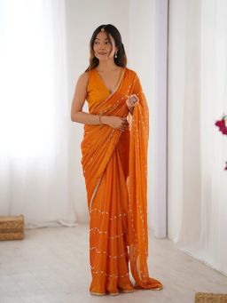 GLOBON IMPEX - Yellow Elegant Embellished Georgette With Golden Trim Saree with Unstitched Blouse