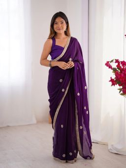 GLOBON IMPEX - Purple Floral Embellished Net With Border Saree with Unstitched Blouse