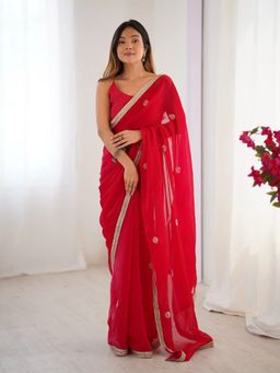 GLOBON IMPEX - Red Flora Floral Embellished Net With Border Saree with Unstitched Blouse
