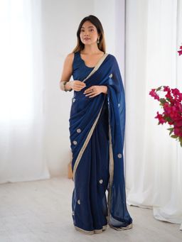 GLOBON IMPEX - Teal Blue Flora Floral Embellished Net With Border Saree with Unstitched Blouse