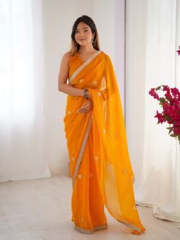 GLOBON IMPEX - Yellow Flora Floral Embellished Net With Border Saree with Unstitched Blouse